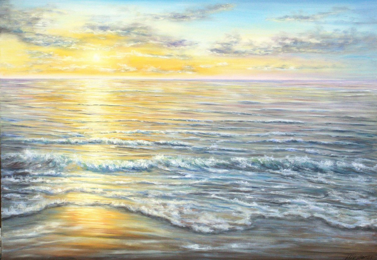 Expressive Landscape Oil Painting By Ludmilla Ukrow, 39 X 28", Ocean Mood, Original Artwork