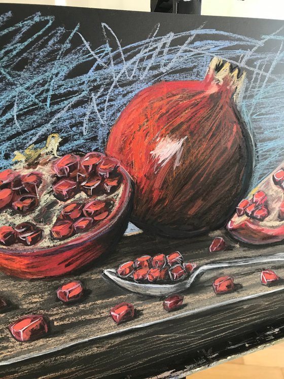 Pomegranates still life pastel drawing 27x39 cm