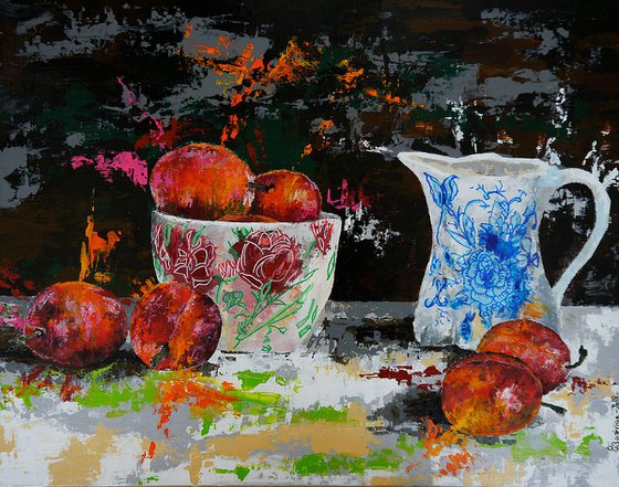 SL004: Still life plums, bowl and jug FRAMED Nature morte