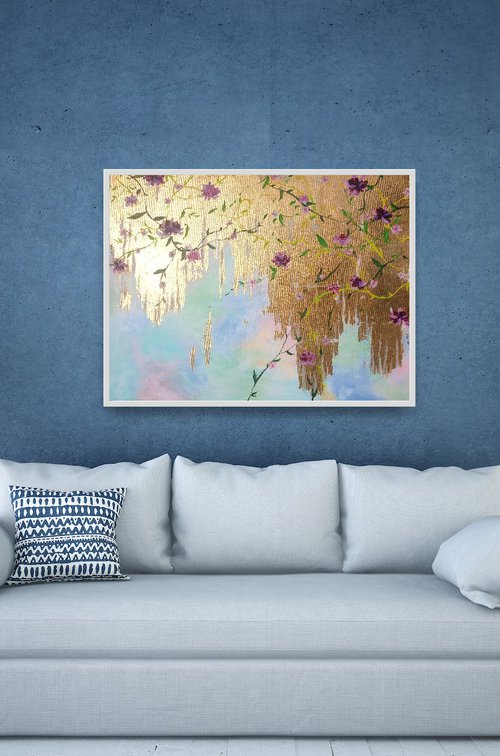After dreams come true 80x60cm Large Contemporary Artwork with Gold Leaf and Flowers by Yulia Pristupa