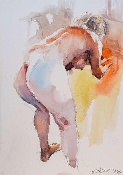 nude in orange ( morning ) by Goran Žigolić Watercolors