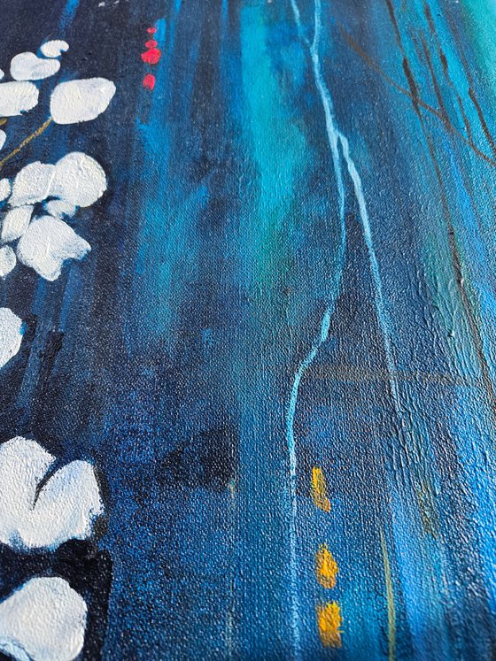Red field poppies, blue red white abstraction
