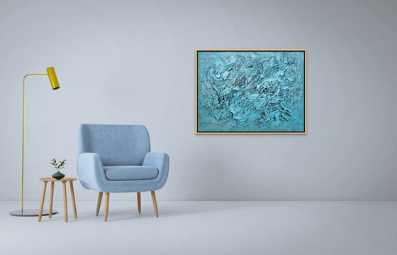 CORAL REEF. Large Abstract Blue Teal Silver Textured Painting 3D