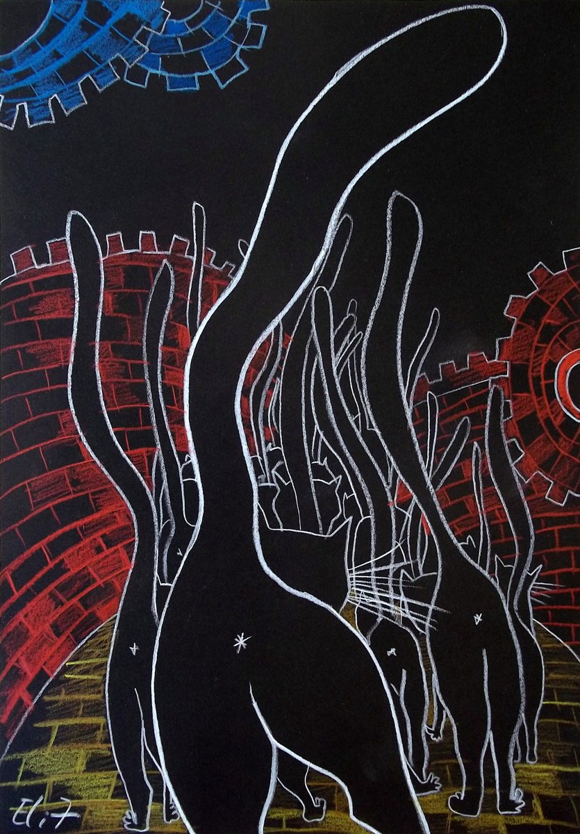 Expressive Animal Pencil Drawing By Elisheva Nesis, 9 X 13, Exodus Of The Cats From Russia, Original Artwork