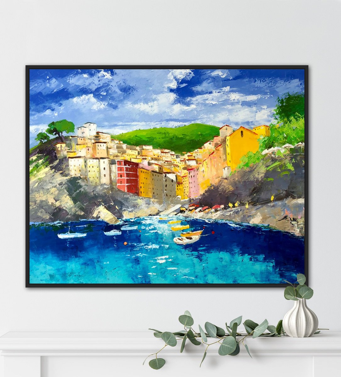 Impressionistic Cityscapes Oil Painting By Volodymyr Smoliak, 35 X 28", Riomaggiore 70-90 Cm, Original Artwork