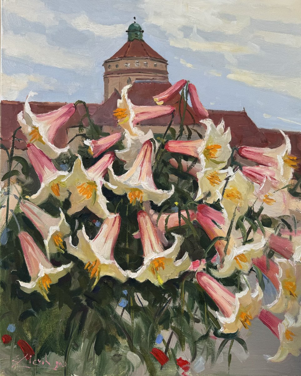 Impressionistic Botanical Oil Painting By Evgeniia Mekhova, 16 X 20, Lilies In Botanical Garden, Original Artwork