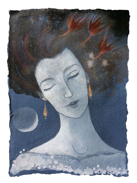 Woman with Golden Earrings and Crescent Moon