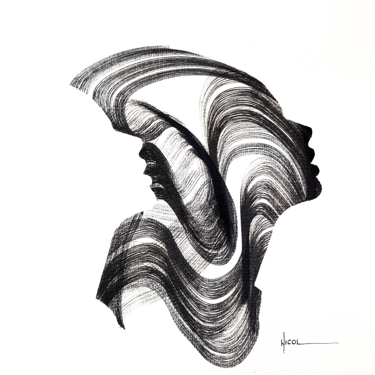 Expressive Portrait Ink Drawing By Nicol Vacaru, 11 X 11", Whispers In Parallel, Original Artwork