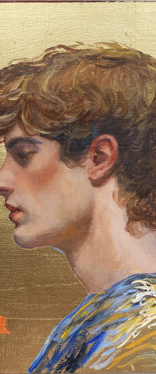 Gold leaf young man portrait. by Jackie Smith