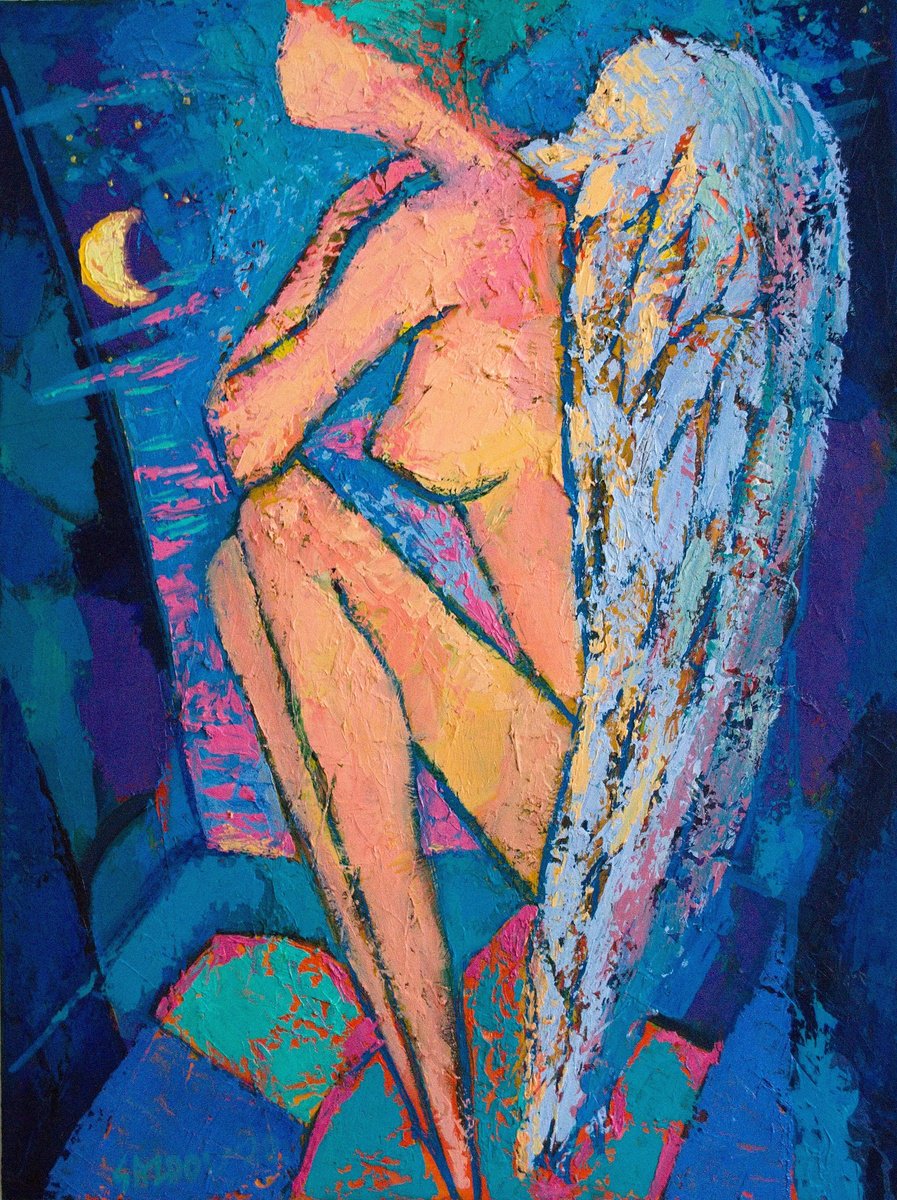 Expressive Portrait Oil Painting By Rumen Sazdov, 24 X 31", Stars Ont The Morning Sky, Original Artwork