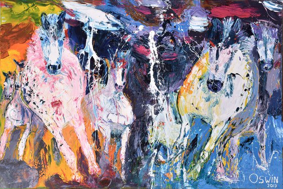 Horse painting - LATE NIGHT HORSES 150 x 100 cm. | 59.06"X 39.37" Equine art Oswin Gesselli