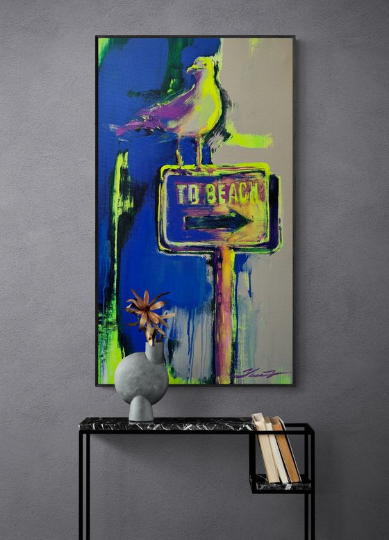 "To beach" - Vertical painting - Pop Art - Bird - Seagull - Miami - Purple&Yellow - Grey&Blue