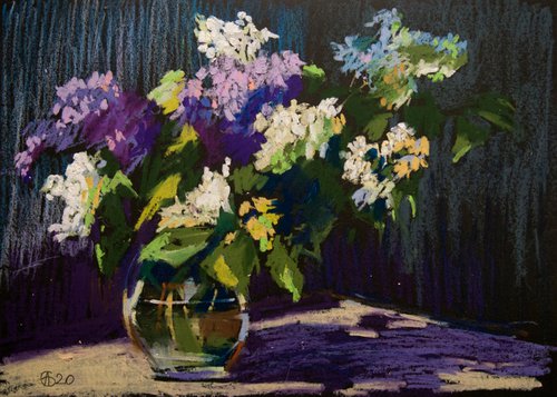 Still life with lilac. Home isolation series. Oil pastel painting. Small interior travel decor gift spain shadow original impression flower still life by Sasha Romm