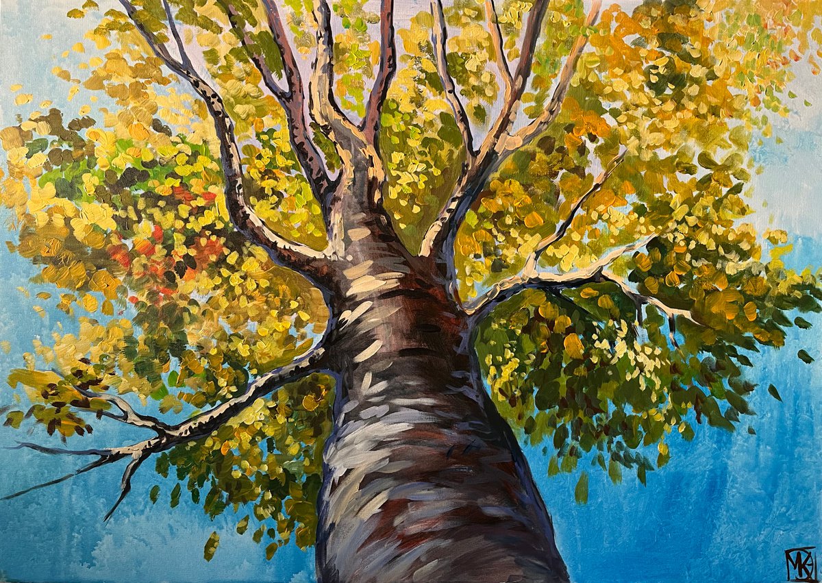 Impressionistic Landscape Acrylic Painting By Maria Kireev, 39 X 28", Lonely Tree, Original Artwork