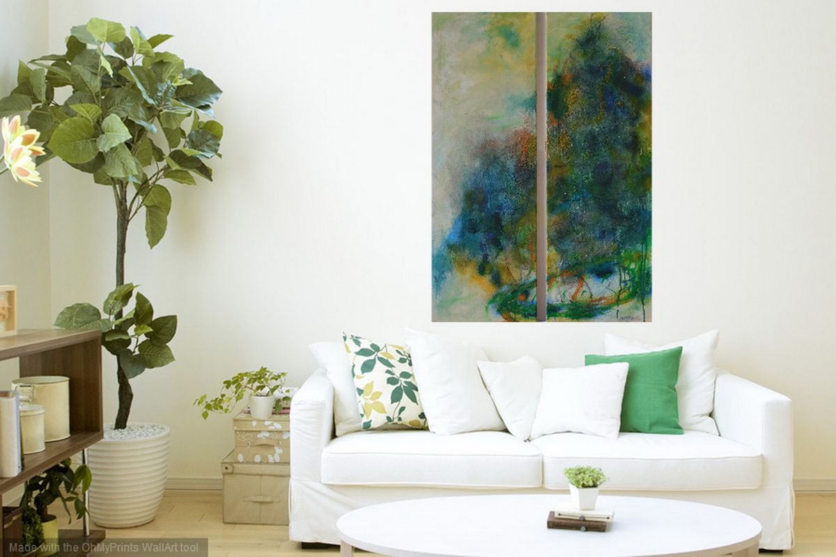 Cosmic Cloud - large abstract mixed media diptych by Karin Goeppert