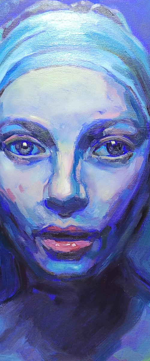 Girl in Blue, Contemporary Oil Original Expressive Portrait by QI Debrah