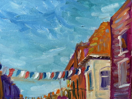 Festive Dutch town scene with cyclist