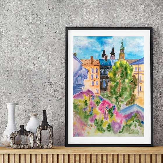 Lviv Painting Cityscape Original Art Ukraine Watercolor Artwork Home Wall Art 12 by 17" by Halyna Kirichenko