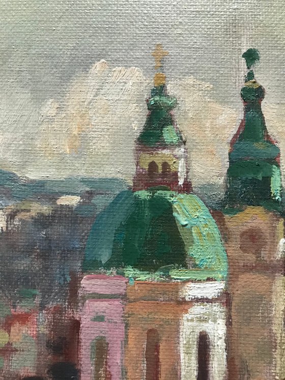 Original Oil Painting Wall Art Artwork Signed Hand Made Jixiang Dong Canvas 25cm × 30cm Red Roof Prague small building Impressionism