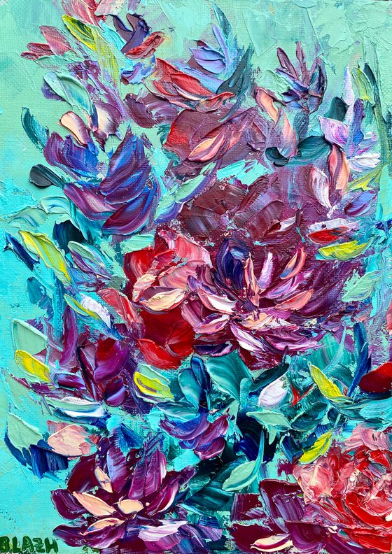 Petals - splashes of color, 25*35cm, impressionistic flowers oil painting with texture (a bit impasto)