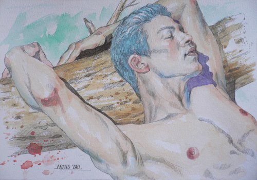 watercolor painting  male nude  on paper #1751 by Hongtao Huang