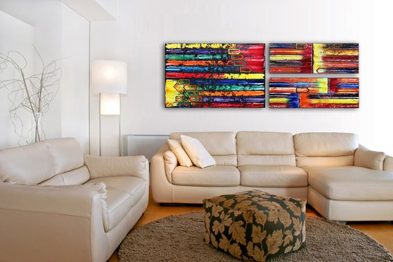 "The Grown-Ups Are Talking" - Original Xt Large PMS Abstract Triptych Oil Paintings On Canvas and Recycled Wood - 76" x 26"