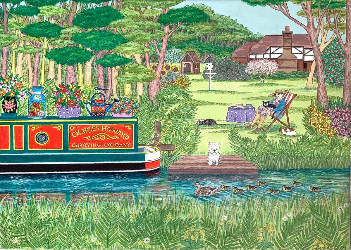 Naive Landscape Acrylic Painting By Lisa Davies, 16 X 12", Canal Garden, Original Artwork