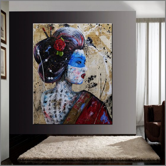 Kawairashii 120cm x 150cm Geisha Book Page Abstract Realism Art