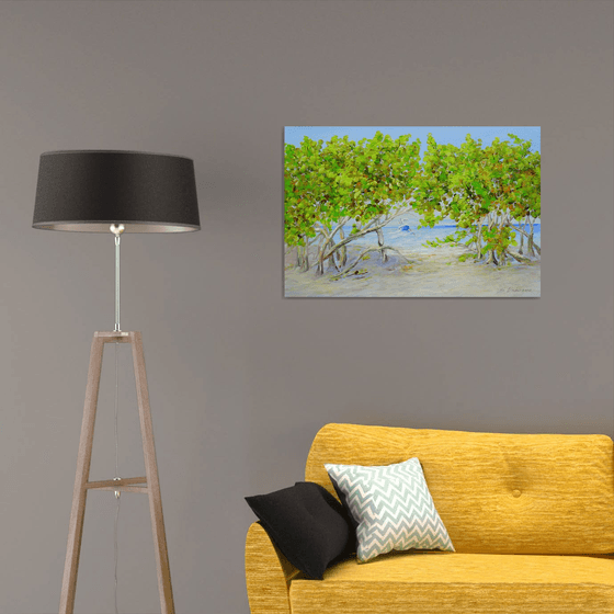 DAY ON THE BEACH. Tropical Island Seascape Painting of Florida Beach and Fishing Boat.