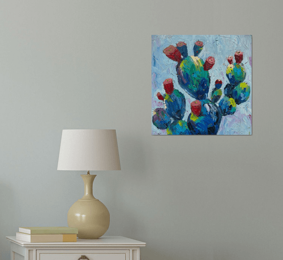 Blue Cactus with Flowers