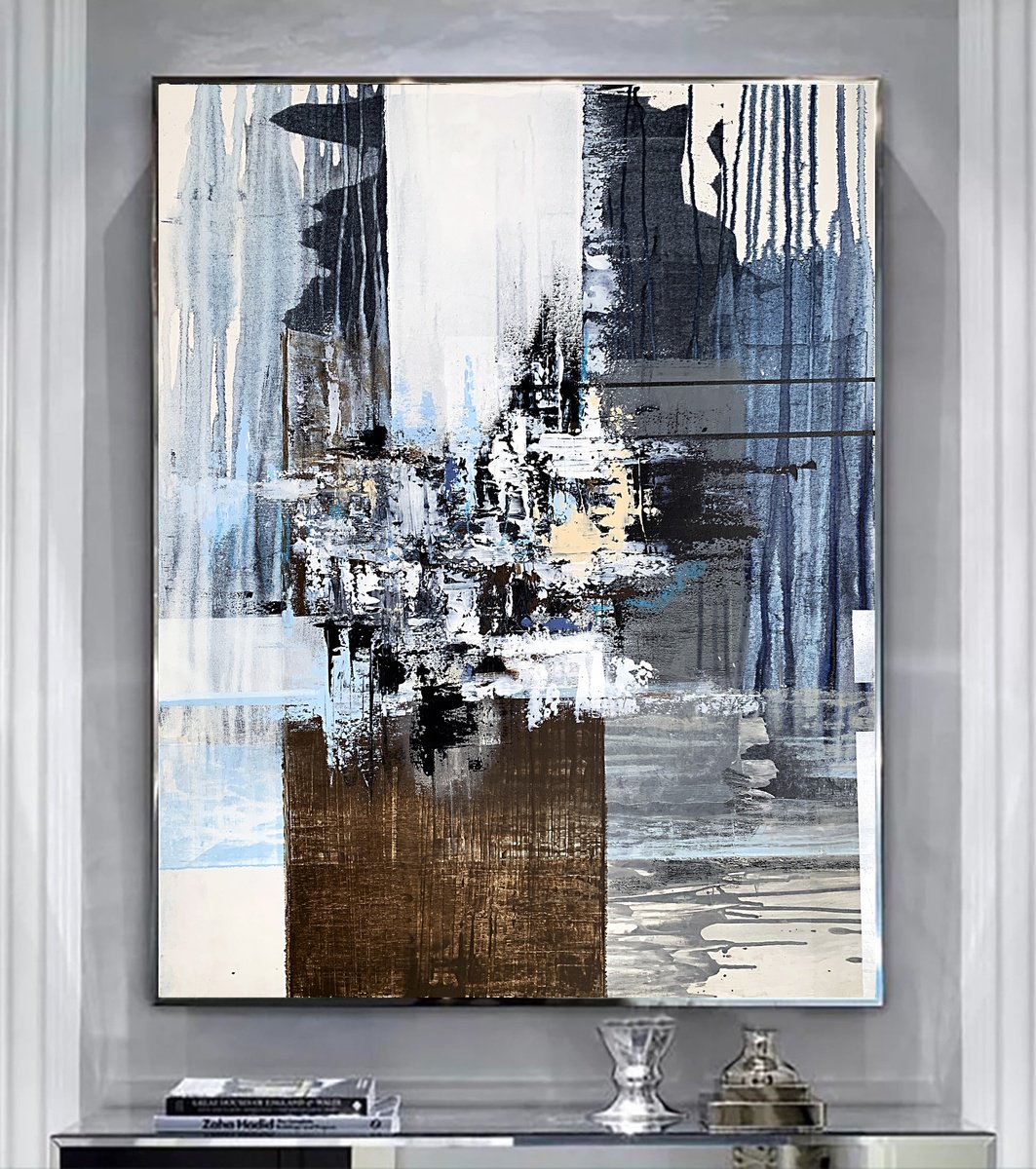 Geometric Abstract Acrylic Painting By Tatiana Malinovscaia, 28 X 35", Indigo Umber Abstraction, Original Artwork