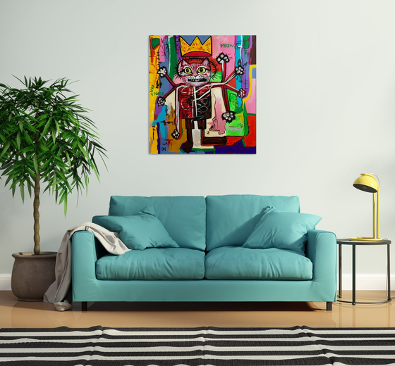 KING TROY the cat, ( 102 x 91 cm, 40 x 36 inches),  multi-armed, multitasking, inspired by Basquiat and Indian culture, solving the problems of the modern rapidly changing world in parallel and seamlessly