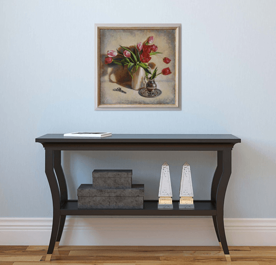 "Spring tulips" still life  metal silver tulip liGHt original painting  GIFT (2019)