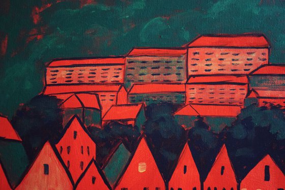 Big acrylic painting Bergen Bryggen, Norway fjord, green and red