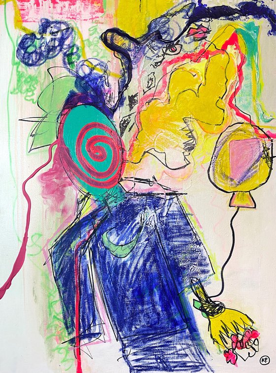 MAN AND BALLOONS, BRIGHT COLORS, 60*80CM, COLOR ABSTRACT