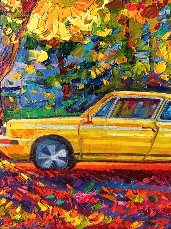 One Porsche in the fall forest