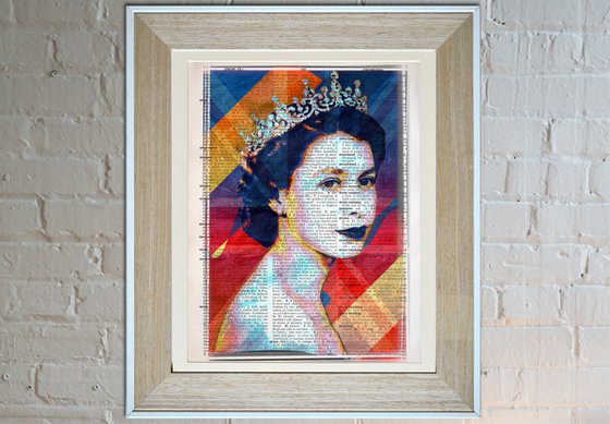 Queen Elizabeth II - The Union Jack 3 - Collage Art on Large Real English Dictionary Vintage Book Page