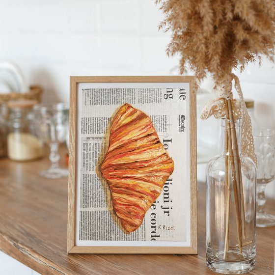 "Croissant on Newspaper " Original Oil on Canvas Board Painting 7 by 10 inches (18x24 cm)