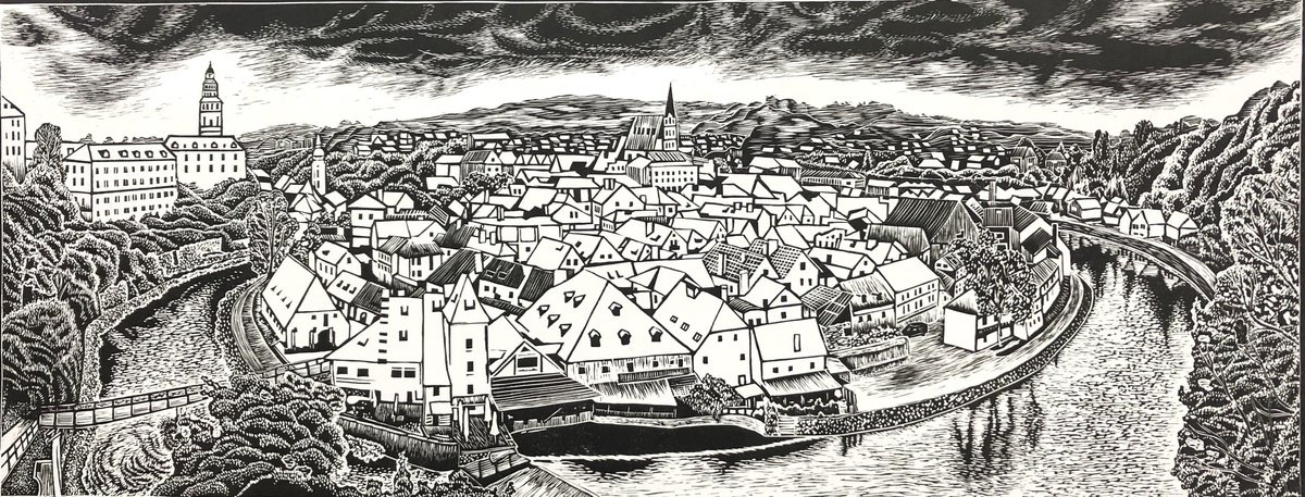 Graphic Linocut , Cesky Krumlov Landscape By Sergei Monin, 26 X 10, Artwork For Sale On Artfinder