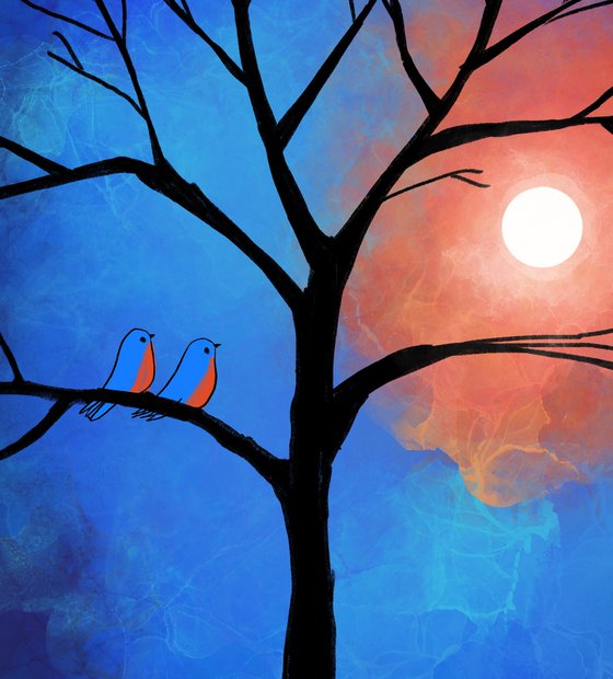 The Bluebirds , cute lovebird tree artwork