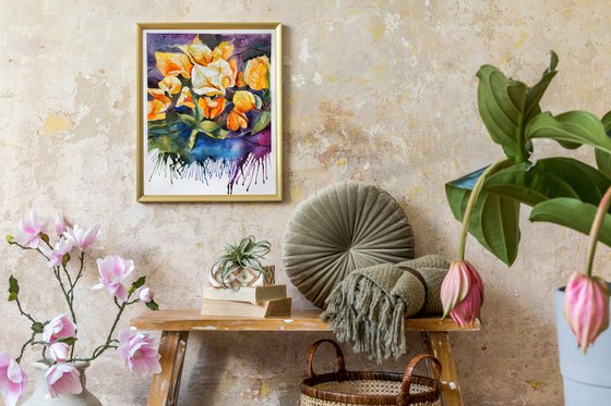 Yellow bougainvillea - expressive original watercolor flower, falling paint