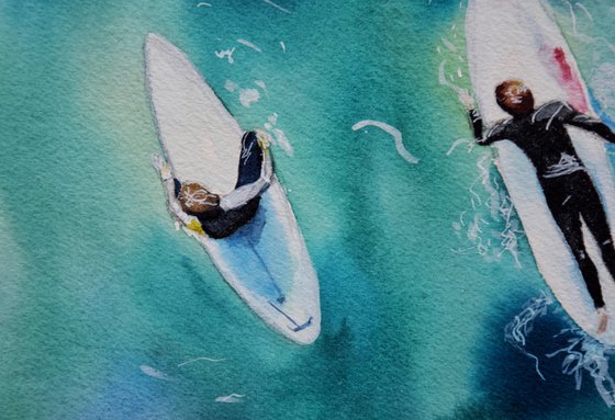 Surf Watercolour Painting, Surfing Sea Ocean Art Original, Boho Summer Wall Art, Gift for Surfer