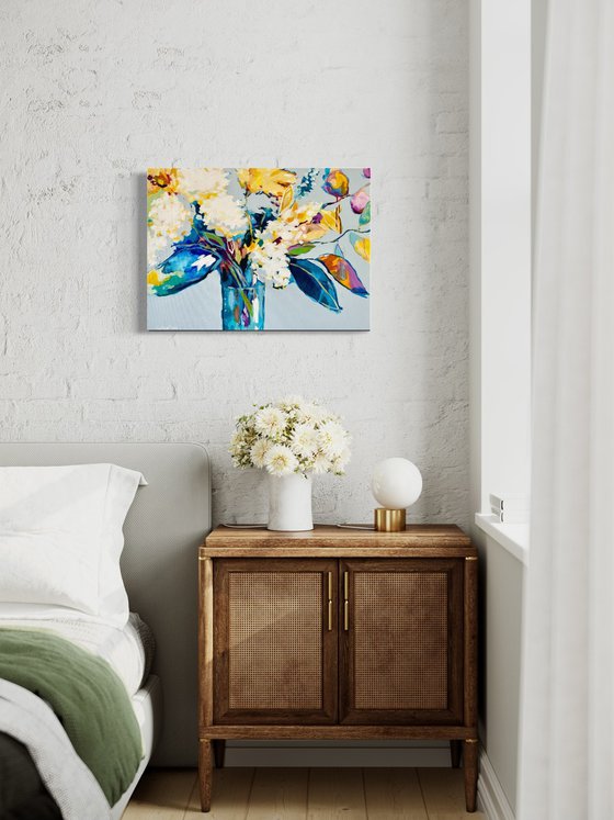 TO THE BLUE AND BACK - 70 X 50 CM - FLORAL PAINTING ON CANVAS * BLUE * YELLOW