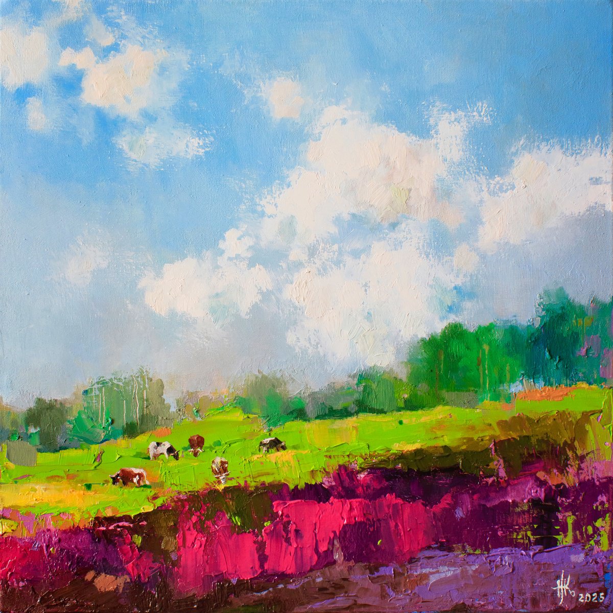 Expressive Landscape Oil Painting By Zhanna Kondratenko, 14 X 14", Under Cloud-Kissed Skies, Original Artwork