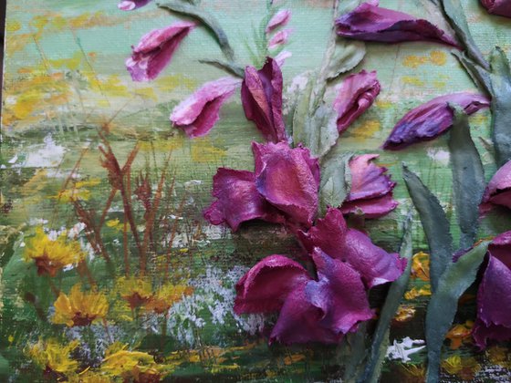 Summer landscape blooming meadow with pink gladioli-three-dimensional flowers in an acrylic painting-wildflowers, river, forest, swallows-60x40x2 cm