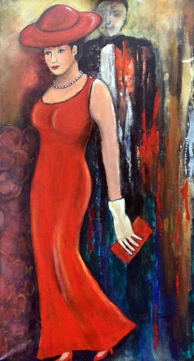 Naive Portrait Acrylic Painting By Suzette Datema, 24 X 44", The Red Dress, Original Artwork