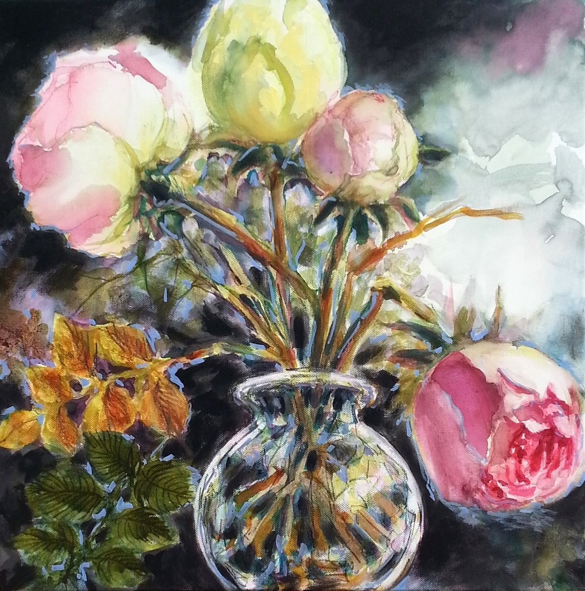 Expressive Botanical Painting By Fabienne Monestier, 20 X 20, Roses In Crystal Vase, Original Artwork