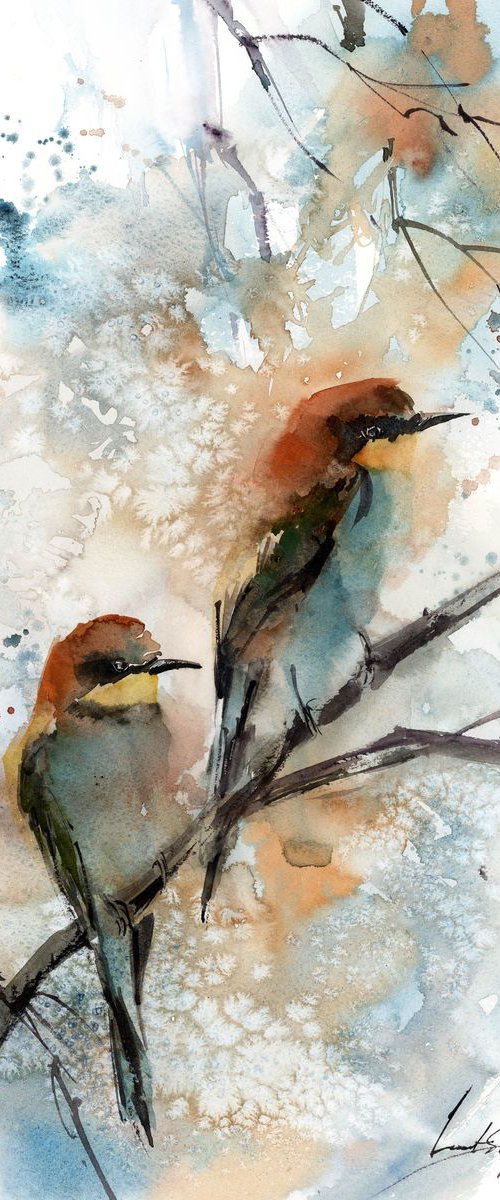 Bee eater birds couple watercolor painting by Sophie Rodionov