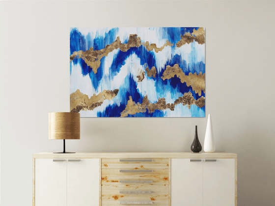 "Northern ligths"  landscape, original acrylic painting, abstract art, office home decor, gold, blue