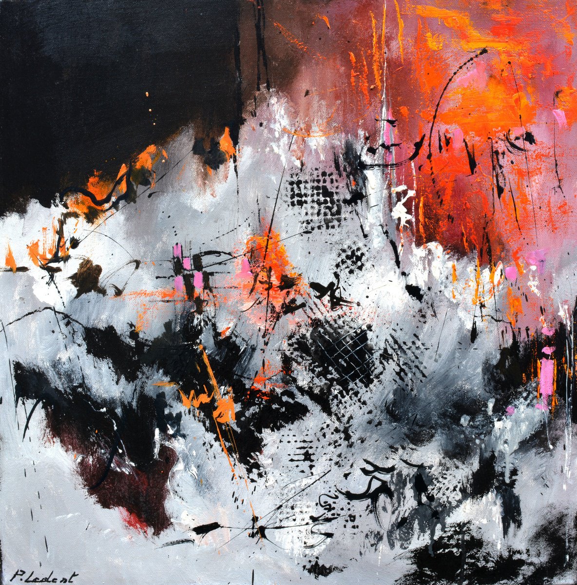 Abstract Oil Painting By Pol Henry Ledent, 24 X 24", Red And Black Are Always Matching, Original Artwork